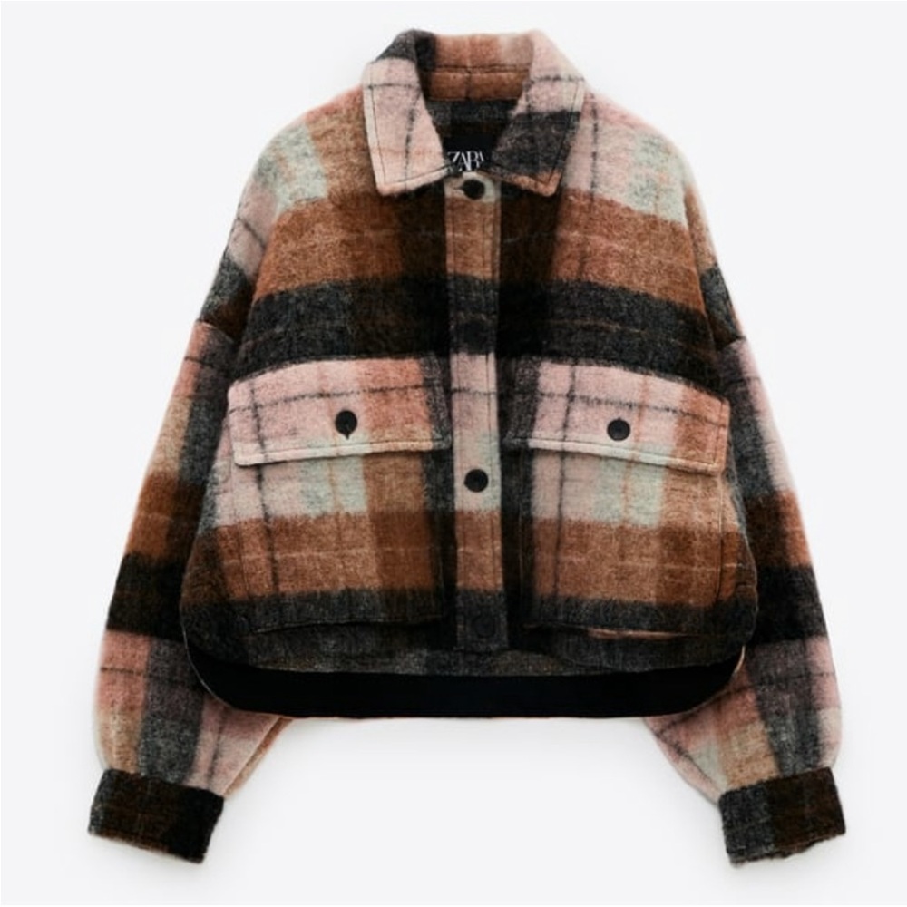 Zara Pink Plaid Cropped Overshirt Blogger Favorite